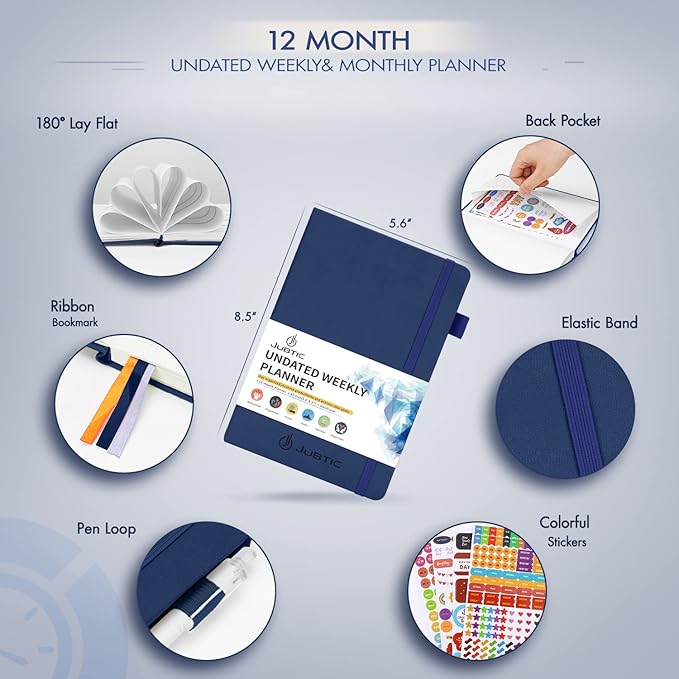 JUBTIC Planner for 2026, Undated Planner Weekly and Monthly Appointment Book for Time Management Productivity Planners with Stickers (Dark Blue)