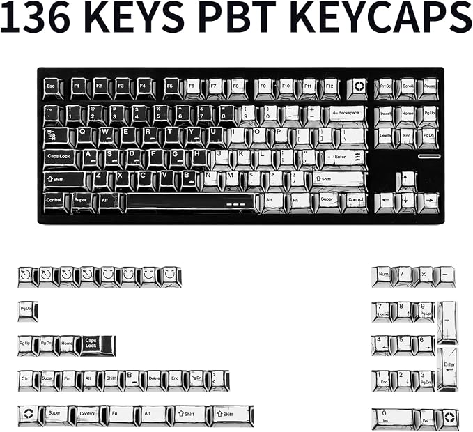 PBT Keycaps, Black and White Manga Style Keycaps Set, 135 Keys Cherry Profile Dye Sub Custom Keycap Minimalis Keyboard Key caps for 60%, 65%, 75%, 100% Cherry MX Mechanical Keyboard