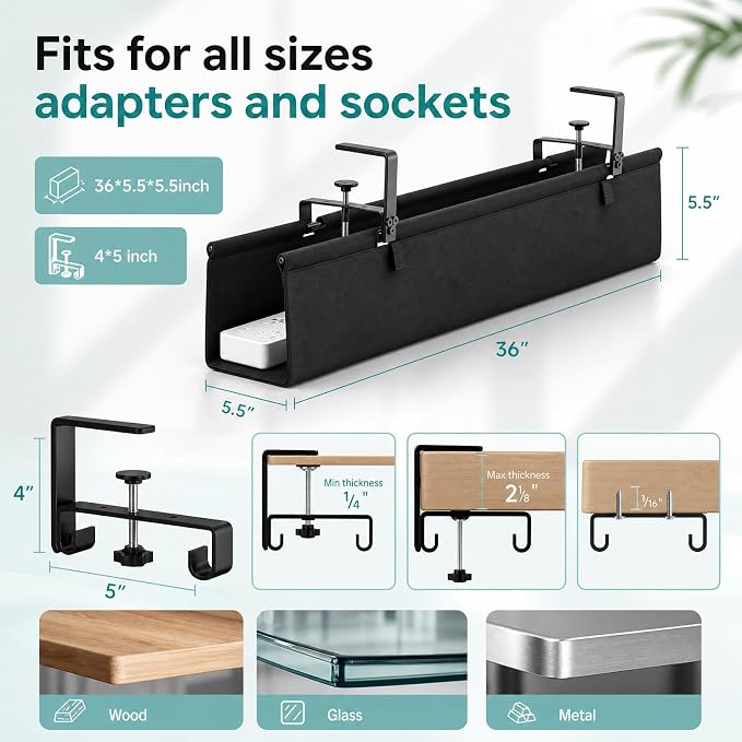 36-Inch Under Desk Cable Management Tray, Clamp or Screw Mount, Black | Fabric Cord Organizer Holds Power Strips, Cables and Adapters, Suitable for Home and Office Desks