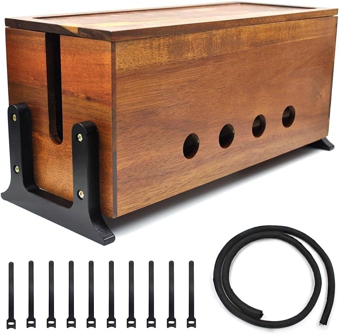 Large Wood Cable Management Box, Vintage Walnut Cord Organizer 14.1" | Hides power strips & TV wires, 14.1 x 6 x 6.3 inches,Ideal for home & office organization