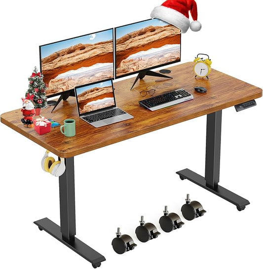 farexon Electric Standing Desk Adjustable Height, 48x 24 Inches Sit Stand Up Computer Desk with Double Metal Hook，4 Memory Preset Heights, 27''-46'' Lifting Range for Home/Office（Brown）