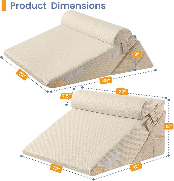 Sasttie Adjustable Wedge Pillow Set for After Surgery, Beige | Bed Wedge Pillow Headboard with Memory Foam Neck Cushion, for Acid Reflux, Sleeping, Neck & Back Support