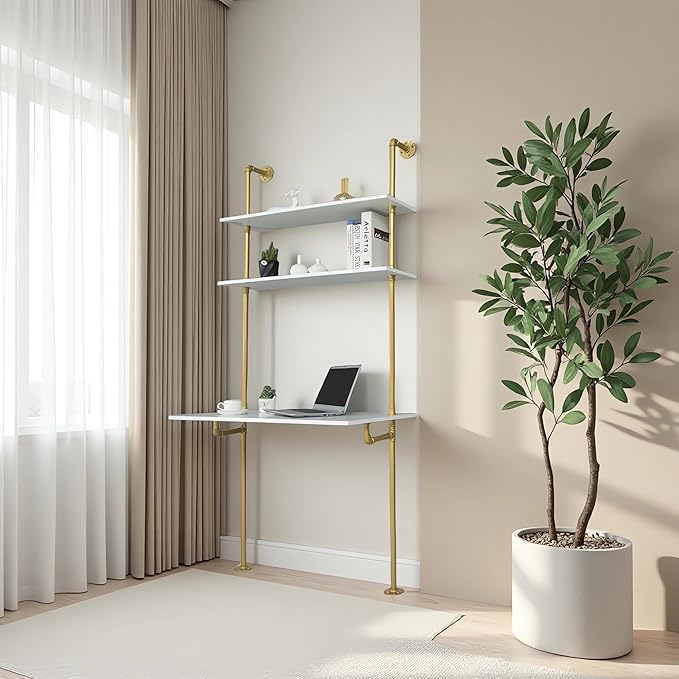 White and Gold Desk, 36" Ladder Desk, Wall Mount Computer Writing Table Pipe Shelf Shelving Mini Narrow Industrial Modern for Small Spaces(36x20x81)