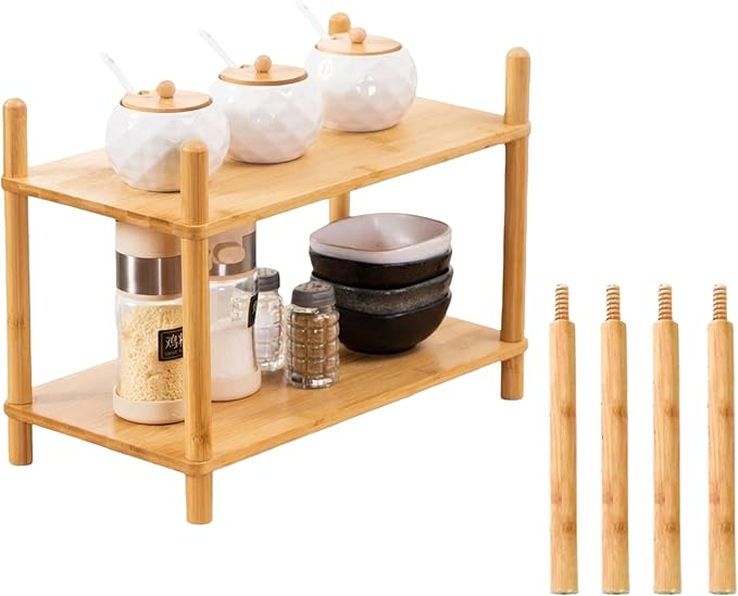 2-Tier Expandable Bamboo Desktop Organizer Shelf Kitchen Cabinet and Counter Riser Display Shelf for Top of Desk Home Office Bathroom Coffee Table Display Stand