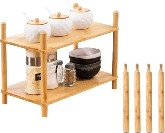 2-Tier Expandable Bamboo Desktop Organizer Shelf Kitchen Cabinet and Counter Riser Display Shelf for Top of Desk Home Office Bathroom Coffee Table Display Stand