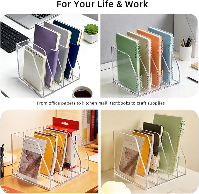 Clear Acrylic Magazine File Holder, 4 Compartment Desk Organizer | 4 spacious vertical compartments hold magazines, files, books & more. 5mm thick clear acrylic, non-slip base. No assembly.