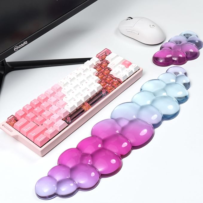 Ergonomic Cloud Silicone Gel Keyboard and Mouse Wrist Rest Set – Clear Wrist Rest for Keyboard 60%/68%/75%, Comfort & Support for Typing and Gaming (Pink Blue)