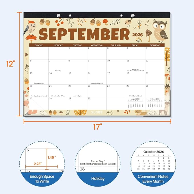SUNEE Desk Calendar 2026-2027, 17" x 12", 18-Month Monthly Desk Calendar from Jul. 2026 - Dec. 2027, Academic Desk Calendar for Teacher, School, Seasons Color