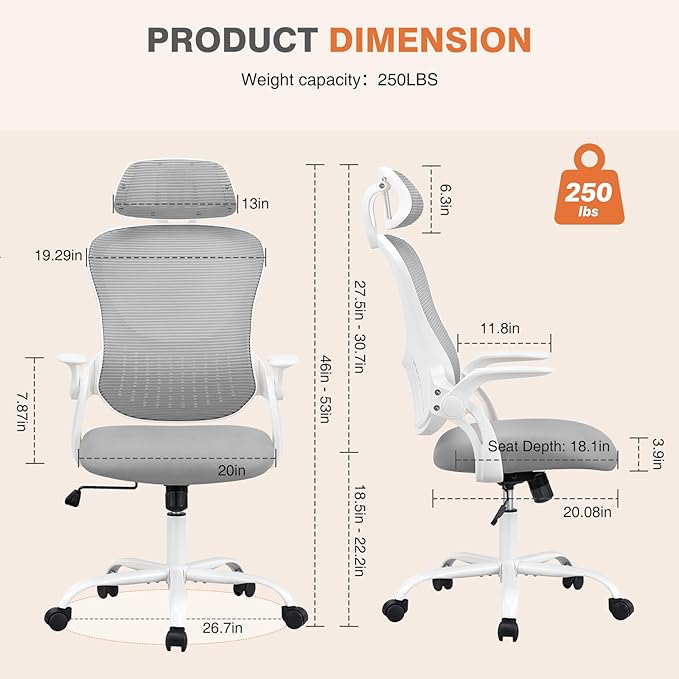 Sweetcrispy Home Office Managerial Executive Chair, High-Back Mesh with Adjustable Headrest, Flip-up Armrest Comfortable Lumbar Support, Comfy Arms for Bedroom,Study,Student
