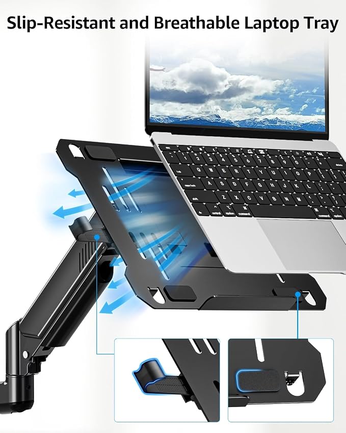 Laptop Wall Mount, 2-in-1 Monitor with Vented Tray | Fits Max 17" Notebook or 13- 32" Computer Screen, Adjustable Laptop Arm Holds 4.4-22lbs, Gas Spring Laptop Holder Stand