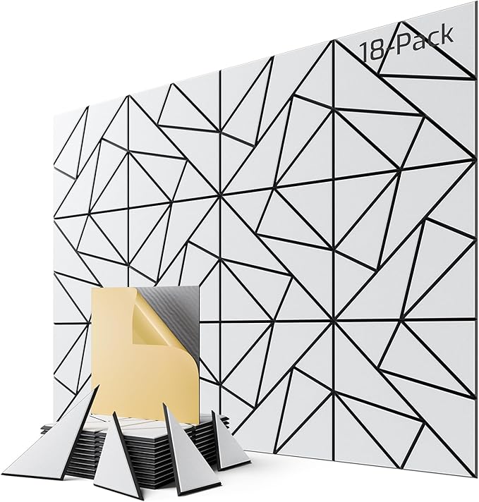 18-Pack Felt Acoustic Panels,12"x12"x0.4" Soundproof Wall Panels, Peel & Stick Sound Proof Foam Panels for Walls, Geometric Noise Reduction Panels for Home Office,Studio (White on Black)