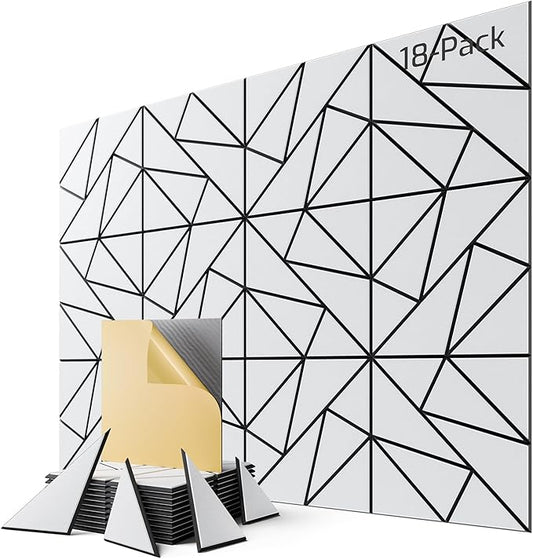 18-Pack Felt Acoustic Panels,12"x12"x0.4" Soundproof Wall Panels, Peel & Stick Sound Proof Foam Panels for Walls, Geometric Noise Reduction Panels for Home Office,Studio (White on Black)