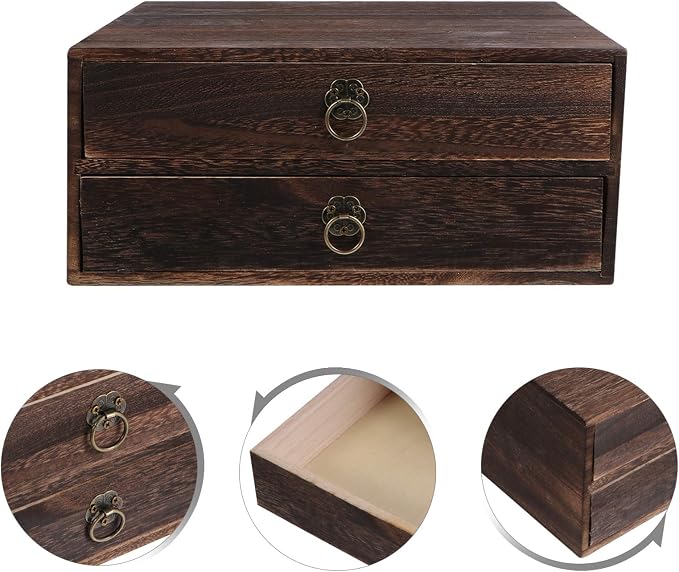 Cabilock Wooden Desktop Drawer Organizer Vintage Wood Box with Drawer Retro Desk Storage Box with Pull Ring for Office Supplies Home Desk Accessories 10.03 X 9.64 X 4.33 in