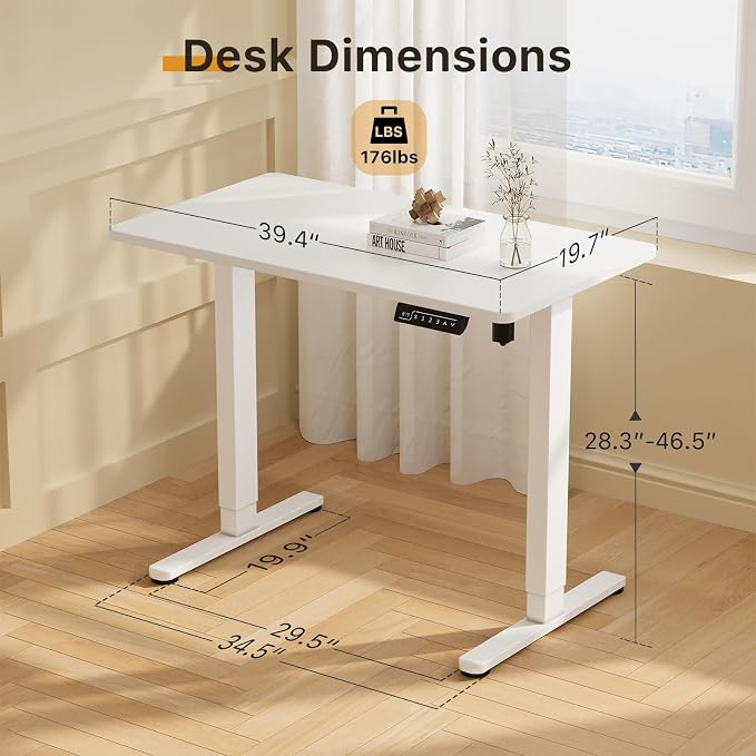 JOY worker Small Electric Standing Desk, 40" Whole Piece Height Adjustable | 40" x 20" White Narrow Sit Stand Desk with Memory Controller, Compact Mini Computer Workstation for Home Office Walking Pad