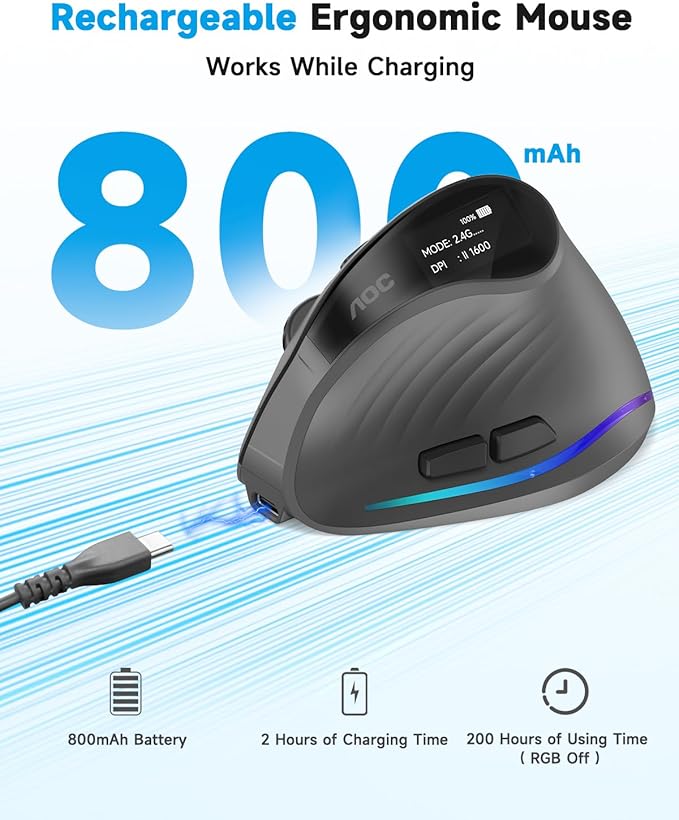 AOC 2.4GHz Ergonomic Mouse, Wireless Bluetooth Vertical Mouse for Work, 4800 DPI Optical Tracking, 5 Adjustable DPI, Quiet Clicks, RGB Light, Compatible with Computer, Laptop, PC, Mac, Desktop - Gray