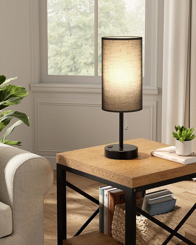 Fenmzee 17.4" Large Black Bedside Lamps Set of 2-3 Color Temperatures Pull Chain Lamp with AC Outlet Charging Port, Two Round Night Stand Lamps for Bedroom Guest Room Office