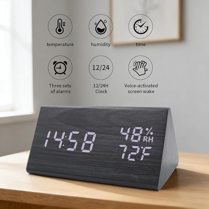 Wooden Digital Alarm Clocks for Bedrooms - Electric Desk Clock with Large Numbers, USB Port, Loud Alarm for Heavy Sleepers, Adjustable Volume, Dimmer, Snooze, DST, Wood Décor, Adapter Powered