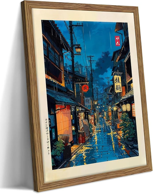 Framed Japanese Wall Art, Asian Tokyo Tea House Canvas Wall Decor Painting, Cool Japanese Night Posters Prints Pictures for Bedroom Living Room Bathroom Home Decor 12x16 Inch
