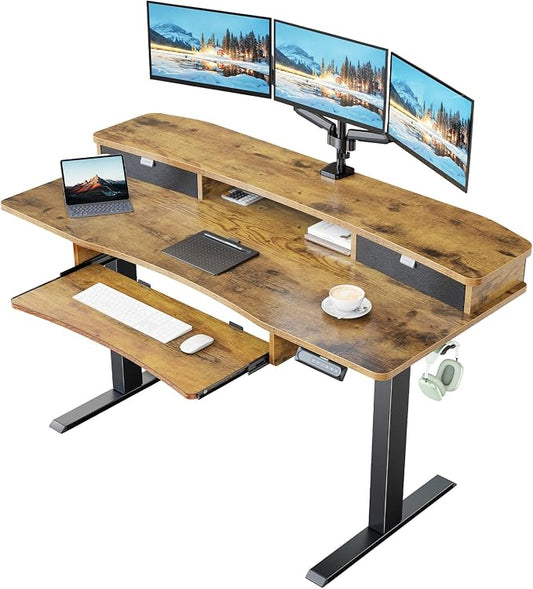 HUANUO 55" x 26" Electric Standing Desk, 2 Drawers & Keyboard Tray, Vintage | Ergonomic Desk with 2 Drawers: 27.9"-46.8" electric lifting. 26.7" keyboard tray & C-clamp mount top maximize workspace