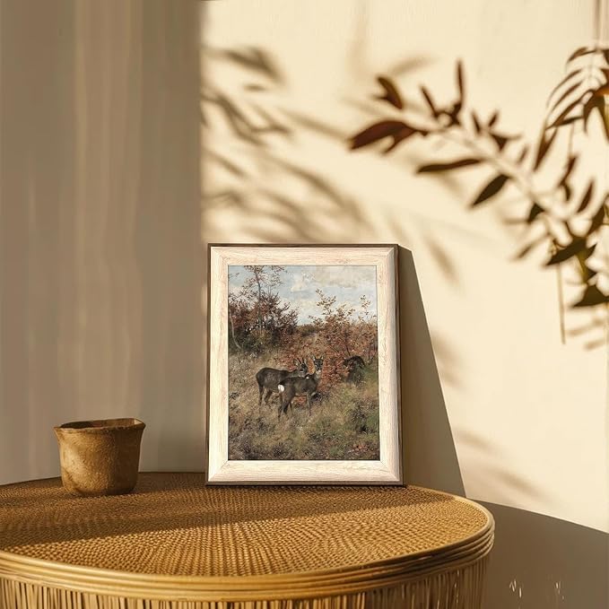 Uniro Vintage Framed Wall Art, Classical Fall Countryside Landscape Oil Painting, Rustic Autumn Deer Hunting Lodge Decor, Farmhouse Wall Decor Canvas Prints Artwork with Antique Frame, Victorian Wall Picture Decor for Gallery Living Room - 10"x12"