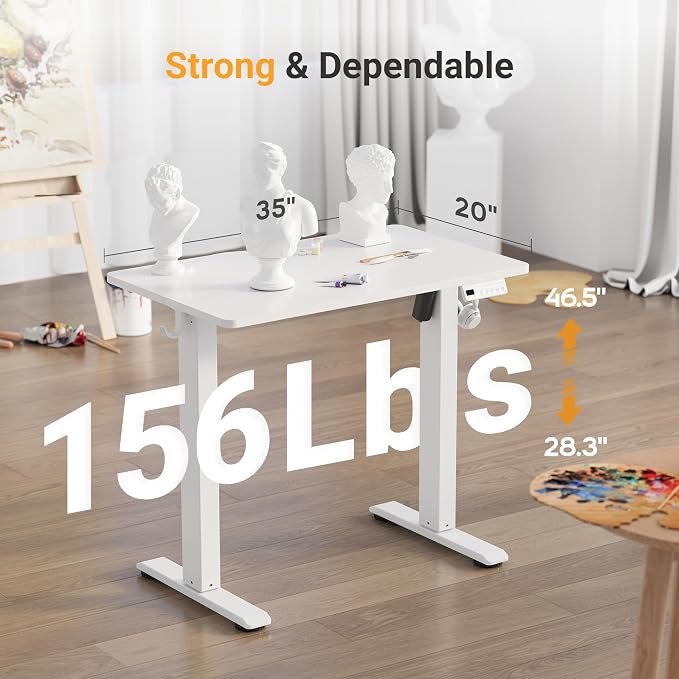 YDN Electric Standing Desk, 35x20 Inch, White | 3 Memory Presets, Cable Management, Adjustable Height, Sit Stand, Space-Saving, Computer Workstation, Home Office