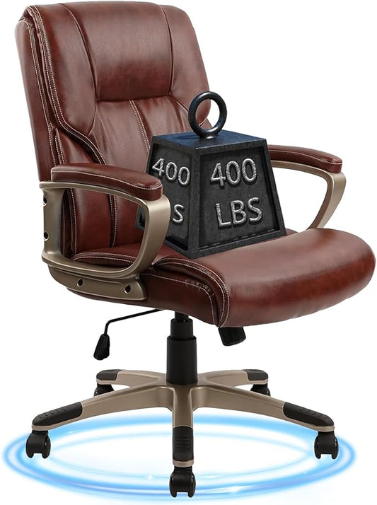 CLATINA Leather Executive Office Chair with Wheels, Soft Padded Armrest and Thick Seat Cushion Swivel Rolling Desk Chairs, 400 LBS Heavy Duty Computer Task Chair with Gold Frame,Brown 1 Pack