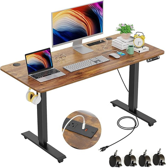 farexon 48 x 24 inch Standing Desk Electric Adjustable Height with Charging Station, Stand up Desk with Ergonomic Workstation, Preset Heights Home Office Gaming Computer Workstations Table(Brown)