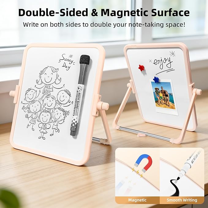 Colorful Dry Erase White Board 6.7x8.4in, Magnetic Desktop Board with Stand, 2 Markers (Eraser Head), 4 Magnets - Double-Sided Easel for Daily Planning, Memo, Office/Home/School (Pink)