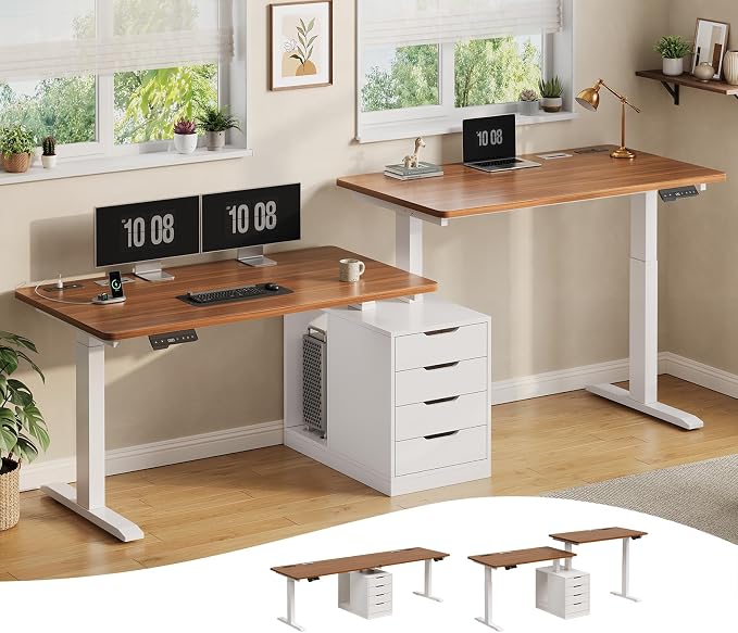 SEDETA Standing Two Person Desk, 94'' Long Computer Desk with 4 Drawers, 2 Power Outlets, CPU Stand, Electric Height Adjustable 2 Person Desk with Cable Management for Home Office, White+Brown