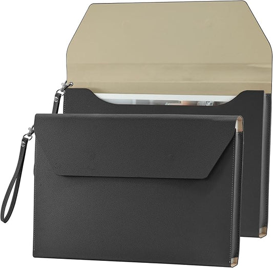 VANRA Expanding File Folder Organizer PU Leather Document Holder File Pocket Envelope Portfolio Bag with Hand Strap and Magnetic Closure for A4 Letter Size Paper (Black)