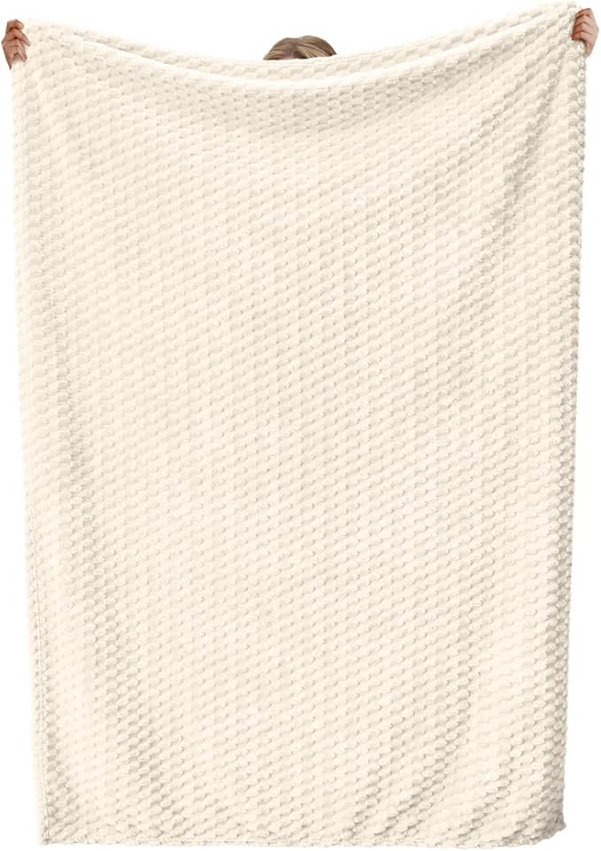 Vessia Flannel Fleece King Size Bed Blanket(108x90 inch), 3D Jacquard Cream Fuzzy and Warm Blanket for Adults, 300GSM Super Soft Touch Cozy Lightweight Ivory Home Decor for All-Season