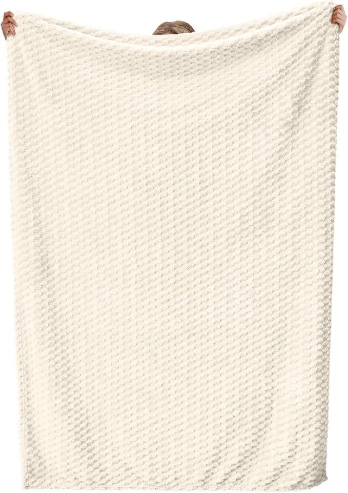 Vessia Flannel Fleece Queen Size Bed Blanket(90x90 inch), 3D Jacquard Cream Fuzzy and Warm Blanket for Adults, 300GSM Super Soft Touch Cozy Lightweight Ivory Bed Home Decor for All-Season