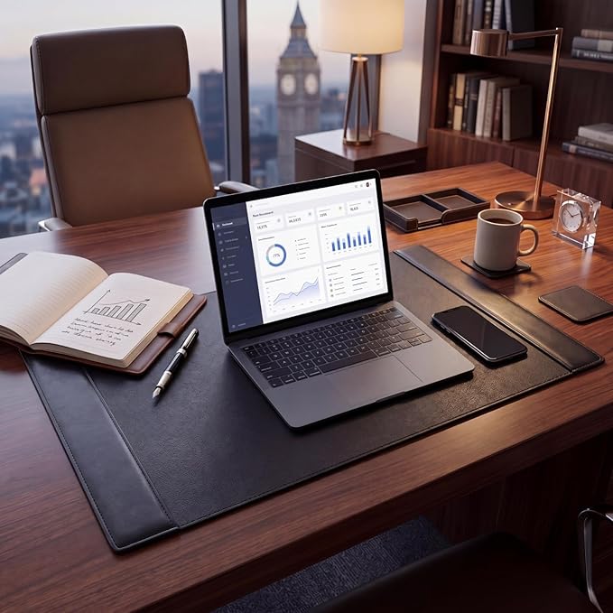 26.5 x 17.3 Inch Leather Desk Pad Protector with Side Rails, Executive Office Desk Mat for Home Workspace, Writing Surface, Mouse & Keyboard Pad, Elegant Gift for Men Dad Husband(Black)