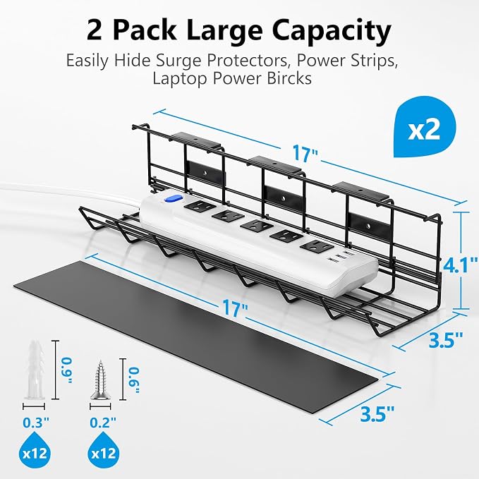 2 Pack DELAMU Under Desk Cable Management Tray, Metal Cord Cable Organizer for Desk, Easy Install Pre-drilled Wire Management Wire Organizer for Office & Home