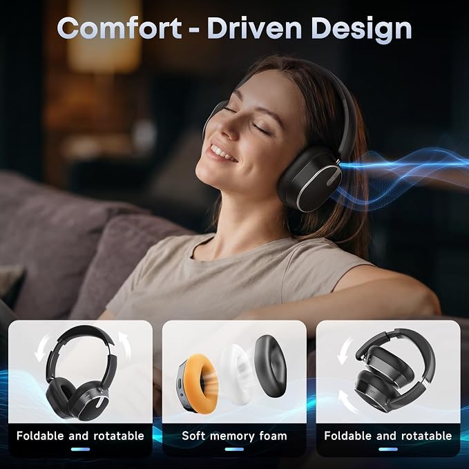 Hybrid Active Noise Cancelling Bluetooth Headphones Wireless Headphones | Over Ear, 120H Playtime, Hi-Res Audio, Deep Bass, Memory Foam Ear Cups for Home Office Travel Black