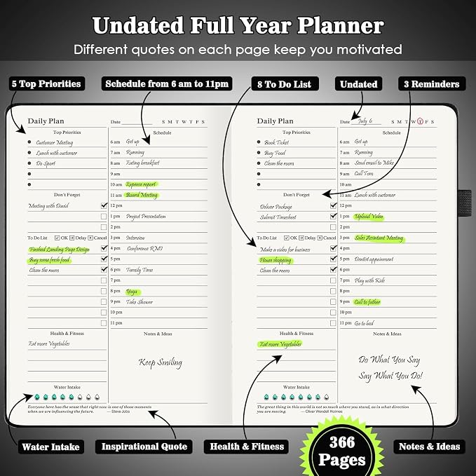Daily Planner Undated, Planners 2026-2027, 365 Day Planners, Work Planner for Men, Hourly Planner Notebook for Goal Setting, Appointment Agenda, Hardcover, Start Anytime, A5, Black