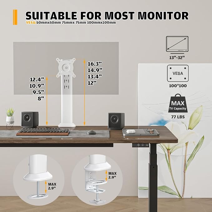 Hemudu Single Desk Monitor Arm Mount Stand Fit for 13 inch to 32 inch Flat Curved Computer Screen with Swivel, Height Adjustable, Rotation,Holds up to 77lbs, White