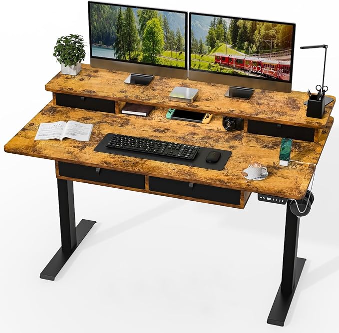 Kingant Electric Standing Desk with 4 Drawers,USB Charging Ports 55"x 30" | Ergonomic Height Adjustable Large Workstation, Heavy-Duty Sit Stand Up Desk For Home Office Daily Work,Rustic Brown
