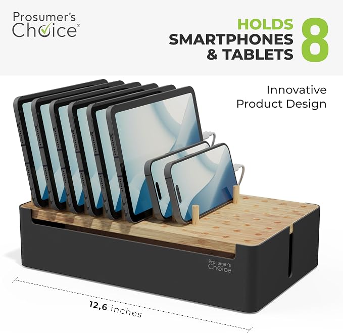 Prosumer's Choice Natural Bamboo Charging Station Rack for Smartphones and Tablets (Metal & Bamboo, Black)