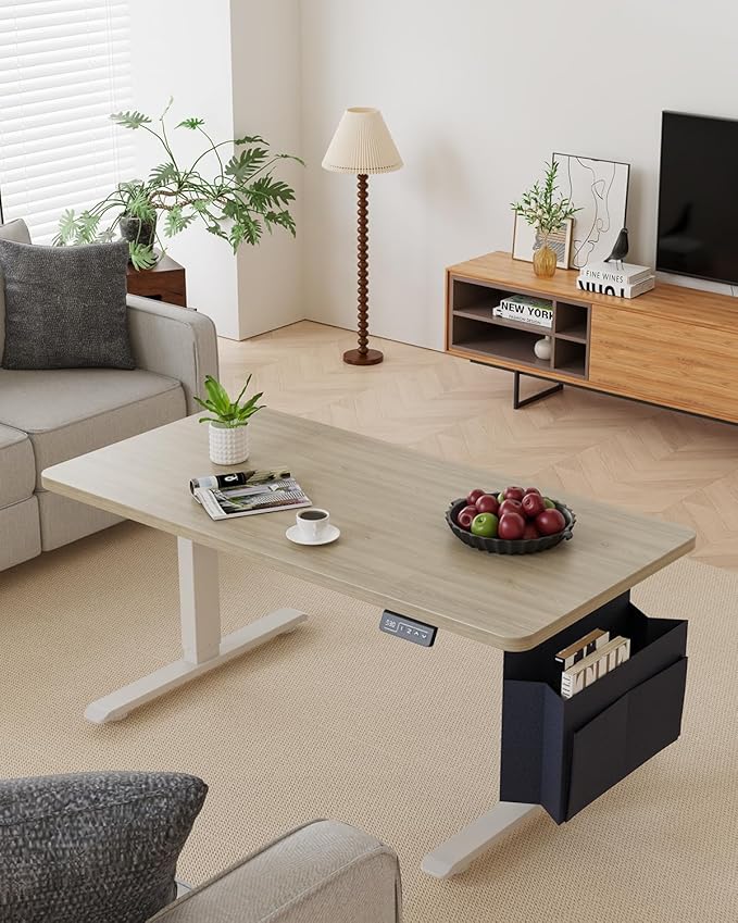Coffee Table, Height Adjustable Electric Coffee Table with Storage Bag Lift Tabletop Dining Table Office Table with Lockable Wheels for Living Room (Grey Oak Look, 40 x 24 Inches)