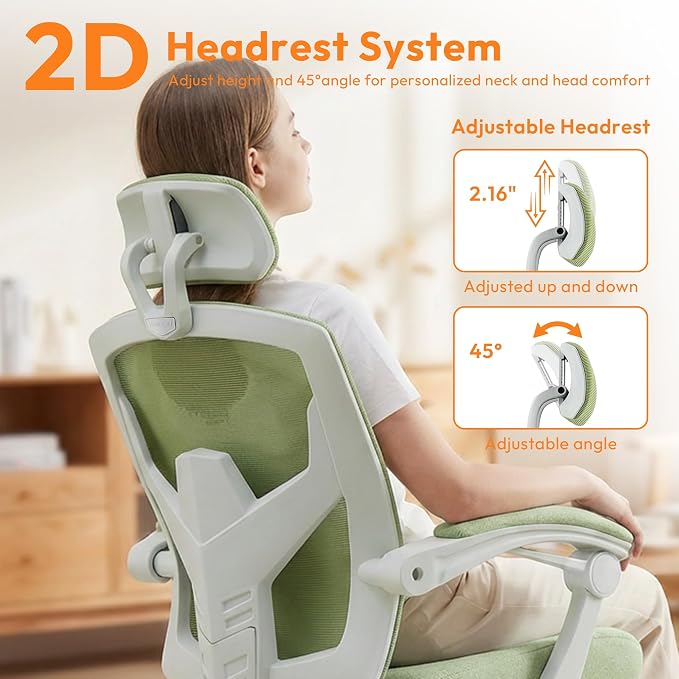 Home Office Desk Chair, Comfortable Mesh Chair with Foot Rest, Green | Reclining Gaming Chair with Headrest and Lumbar Support, 90°-130° Reclining, Silent Swivel