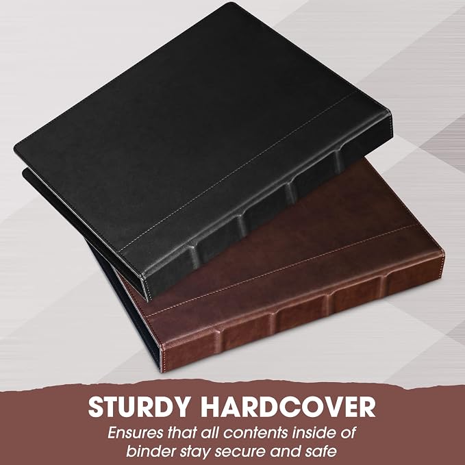Yexiya 4 Pcs Vintage Hardback 3 Ring Binder Planner Portfolio Leather Round Ring Binder Organizer Holds 200 Sheets with 2 Inner Pockets, 13 x 10 Inch(1 Inch,Black, Brown)