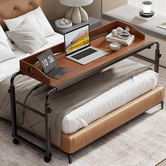 BYMECOST Laptop Desk for Bed, Adjustable Height & Length Laptop Bed Table | Overbed Table with Wheels for Queen Size Beds,Rolling Standing Desk,Over Bed Desk for Working Reading Eating