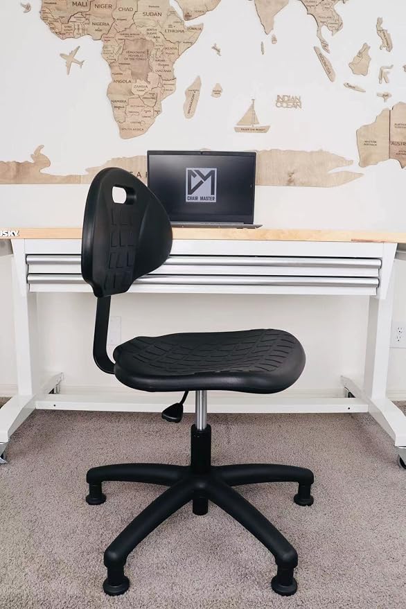 Table Height Chair/Stool-Easy to Clean! Deluxe Ergonomic Polyurethane Chair. 5" of Height Adj (15.5"-20.5") 450 lb Capacity. Automotive, Lab, Garage, Home, Office (Glides, Black)