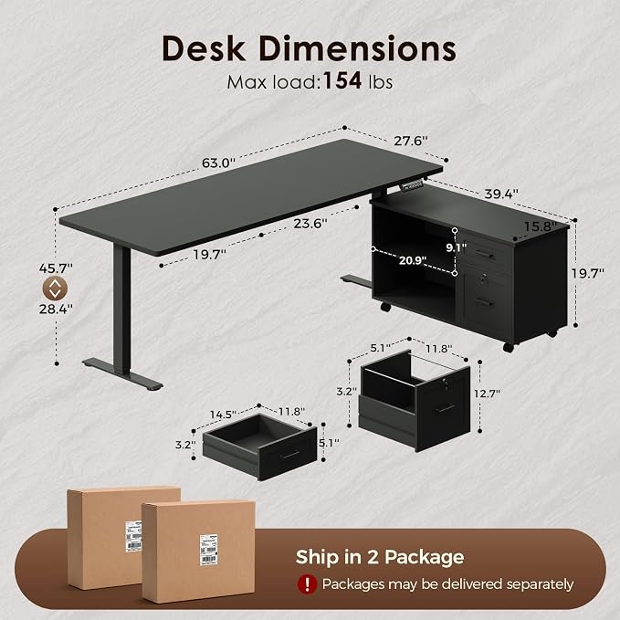 OffiGo 63 Inch L Shaped Electric Standing Desk with File Cabinet, Black | Mobile Drawers & File Cabinet for Flexible Layout, Height Adjustable Executive Stand Up Desk for Home Office Workstation
