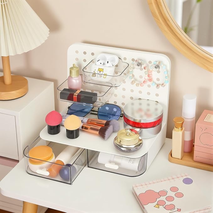 LETURE Desktop Stationery Organizer Storage with 3 Drawers, Plastic Desk Organization Holder with Pegboard Shelf & Adjustable Compartments for Stationery Office Supplies Makeup Accessories (White)