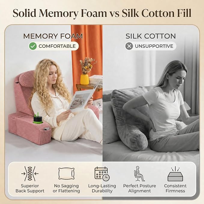 Reading Pillow for Adults, Back Pillow for Bed Sitting Up, Backrest Pillow for Sitting in Bed, Detachable Arms with Built-in Cup & Phone Caddy (Dusty Pink-Corduroy, 19 INCH)