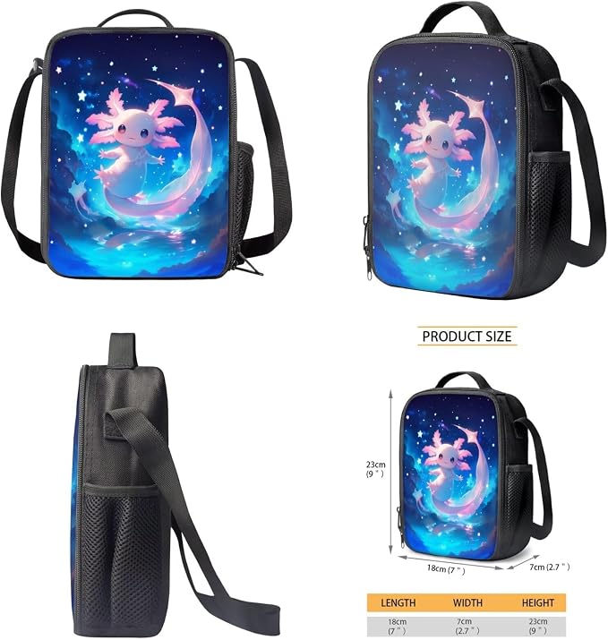 WELLFLYHOM Little Kid Axolotl 4 PCS Backpack Set for Girls Back to School Supplies, Blue 17 Inch Starry Night Elementary School Backpack with Lunch Box for Age 6-8, Mochilas Escolares Para Niñas