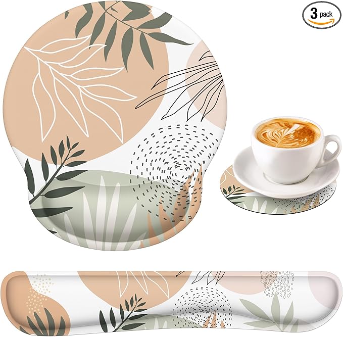 iLeadon Mouse Pad with Wrist Rest Set, Keyboard Wrist Rest + Ergonomic Mouse Pad + Coasters, Easy Typing & Pain Relief Mousepad, Mouse Pad Wrist Support for Computer Home Office, Tropical Leaves