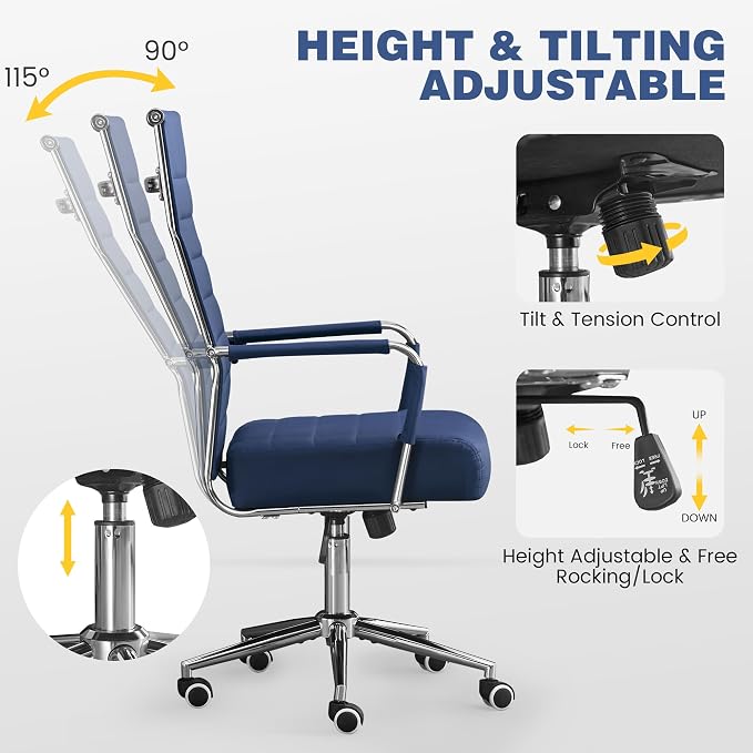 JOMEED Office Desk Chair,Conference Room Chair,High Back PU Leather Swivel | Modern Executive Ribbed Design, Ergonomic, Height Adjustable, Wheels and Arms, for Home Office(Blue-Silver Frame)